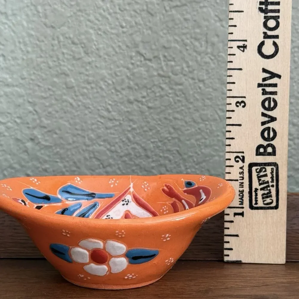 Hand Painted Orange Multicolor Floral Oval Ceramic Bowl, 2 in Tall
